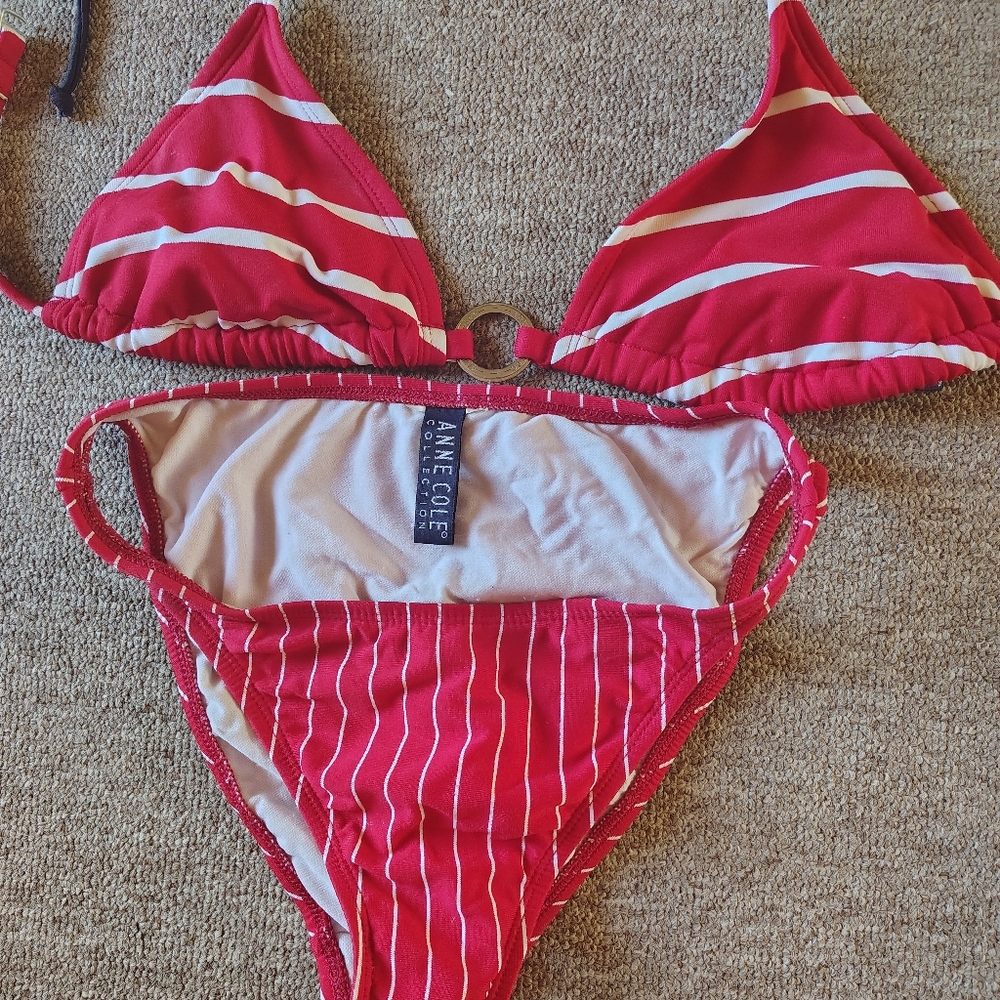 Anne Cole Red White Striped 2 Piece Bikini Set Halter Ring Accent S